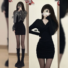 批发黑色长袖针织连衣裙子女秋<b class='q'>冬</b>2025新款纯欲风性感修身v领包臀短裙