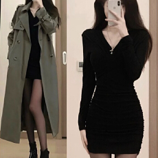 批发黑色长袖针织连衣裙子女秋<b class='q'>冬</b>2025新款纯欲风性感修身v领包臀短裙