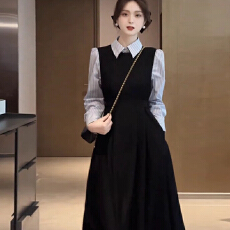 批发2025年春夏新款赫本风黑色背心<b class='q'>连衣裙</b>子<b class='q'>女</b>高级感衬衫内搭长裙套装
