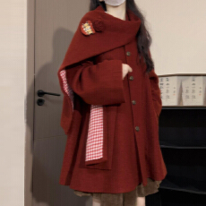 批发复古红色斗篷毛呢外套女秋<b class='q'>冬</b>2025新款韩系高级感宽松短款呢子大衣