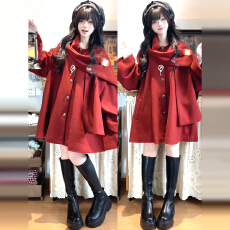 批发复古红色斗篷毛呢外套女秋<b class='q'>冬</b>2025新款韩系高级感宽松短款呢子大衣
