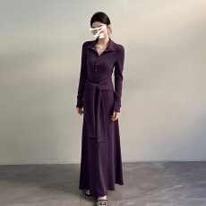 批发法式高级感紫色长袖连衣裙子女秋季爆款独特漂亮收腰显瘦气质长裙