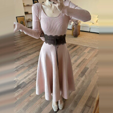 批发2025新款御姐感粉色长袖针织连衣裙子女秋<b class='q'>冬</b>季穿搭高级感收腰长裙