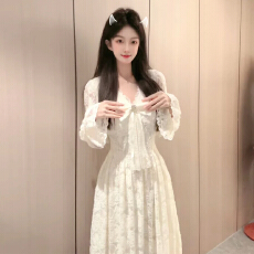 批发法式白色v领蕾丝长袖连衣裙子女秋<b class='q'>冬</b>2025新款高级感气质收腰长裙
