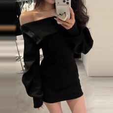 批发2025新款秋冬季配大衣内搭打底<b class='q'>黑色</b>一字肩包臀连衣裙子女御姐穿搭