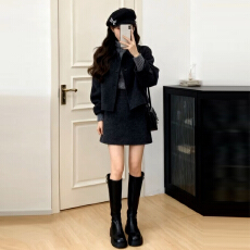 批发2025新款黑色连衣裙子女秋冬季小个子韩系一整套深冬穿搭<b class='q'>短裙</b>套装