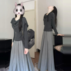 批发巨好看法式灰色针织<b class='q'>连衣</b>裙子女装2025新款秋冬季上衣裙<b class='q'>裤</b>穿搭套装