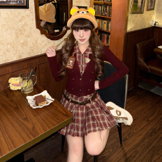 批发巨好看复古格子连衣裙套装女秋冬miu系学院风假两件穿搭一整套装