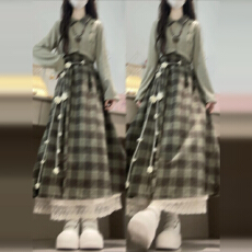 批发2025巨好看绿色格纹假两件连衣裙子女秋冬新款韩系学院风绝美长裙