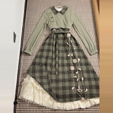 批发2025巨好看绿色格纹假两件连衣裙子女秋冬新款韩系学院风绝美长裙