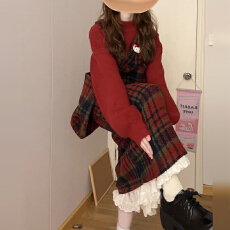 批发红色<b class='q'>格子</b>背带<b class='q'>连衣裙</b>子女秋冬季2025新款圣诞过年战袍穿搭套装长裙