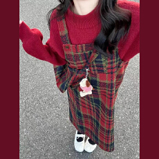 批发红色<b class='q'>格子</b>背带<b class='q'>连衣裙</b>子女秋冬季2025新款圣诞过年战袍穿搭套装长裙