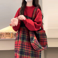 批发红色<b class='q'>格子</b>背带<b class='q'>连衣裙</b>子女秋冬季2025新款圣诞过年战袍穿搭套装长裙