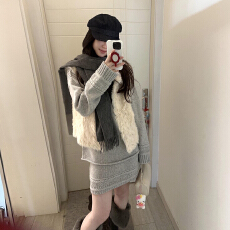 批发2025<b class='q'>冬</b>装搭配一整套韩系百搭毛绒绒马甲斜肩针织衫高腰短裙三件套