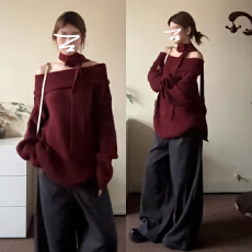 红色圣诞毛衣女2025新款秋冬季高级设计感宽松超好看一字肩针织衫