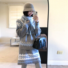 批发2025新款韩系氛围感穿搭费尔岛灰色针织毛衣套装<b class='q'>连衣裙</b>子女秋冬季