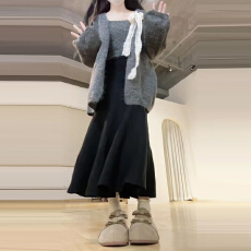 批发韩系巨好看穿搭一整套2025新款灰色毛衣<b class='q'>连衣裙</b>子女秋冬季长裙套装