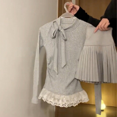 批发蕾丝长袖打底针织衫女2025秋冬季新款设计感<b class='q'>毛衣</b>内搭修身<b class='q'>短款</b>上衣