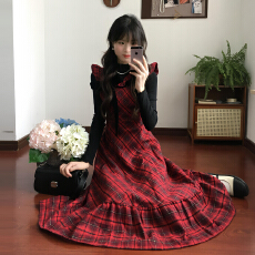批发红色格纹假两件连衣裙子女秋<b class='q'>冬</b>季2025新款韩系小个子气质收腰长裙