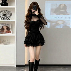 批发法式黑色<b class='q'>网纱</b><b class='q'>连衣裙</b>女冬季2026新款高级感长袖收腰气质蛋糕短裙