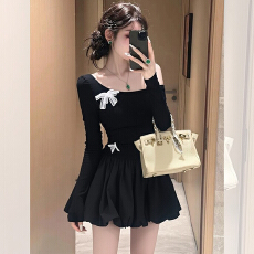 批发法式气质露肩黑色连衣裙子女2026新款超好看<b class='q'>冬</b>季内搭打底花苞短裙