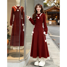 批发2026新款过年战袍高级感红色内搭连衣裙子女2025秋<b class='q'>冬</b>气质长裙穿搭