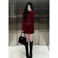 批发2026冬复古风时尚百搭休闲松弛红色毛衣外套女<b class='q'>双排扣</b>百搭裙子套装
