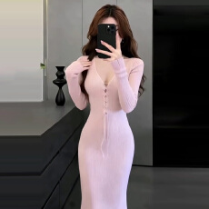 批发2026新款纯欲风长袖连衣裙子女春季性感辣妹内搭打底<b class='q'>修身</b>包臀长裙