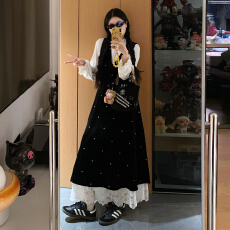 批发2026新款巨好看一整套小香风韩系黑色波点背带<b class='q'>连衣裙</b>子女秋冬长裙