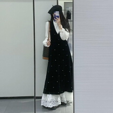 批发2026新款巨好看一整套小香风韩系黑色波点背带<b class='q'>连衣裙</b>子女秋冬长裙