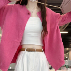 批发2025新款玫红色针织开衫外套女春秋薄款小香风毛衣早秋慵懒风上衣