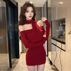 批发法式红色一字肩长袖<b class='q'>连衣裙</b>女春季2026新款性感修身显瘦包臀短裙