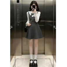 miu系穿搭灰色假两件长袖连衣裙女早春2026新款小个子收腰a字短裙