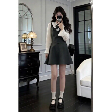 miu系穿搭灰色假两件长袖连衣裙女早春2026新款小个子收腰a字短裙