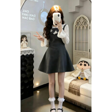 miu系穿搭灰色假两件长袖连衣裙女早春2026新款小个子收腰a字短裙