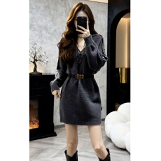 批发轻熟简约风V领针织连衣<b class='q'>裙</b>女春季2026新款收腰显瘦气质灰色毛衣<b class='q'>裙</b>