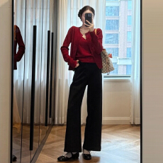 批发红色针织长袖t恤女2026新款早秋韩系穿搭设计感小众上衣两件套装