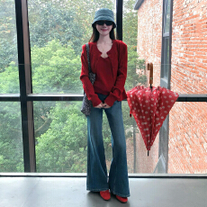 批发红色针织长袖t恤女2026新款早秋韩系穿搭设计感小众上衣两件套装