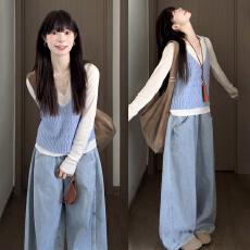 批发韩系穿搭一整套2026新款蓝色吊带连衣裙女早<b class='q'>春</b>季小个子百褶裙套装