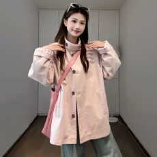 批发韩系复古设计感粉色短款风衣外套女2026新款秋冬穿搭宽松显瘦上衣