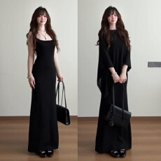 批发慵懒风披肩针织吊带连衣裙子女2025新款韩系早秋穿搭一整套装长裙