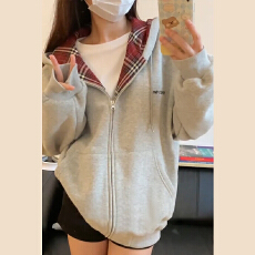 批发美式复古宽松灰色连帽oversize卫衣女装春秋新款长袖开衫外套上衣