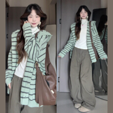 批发春季慵懒风绿色条纹连帽<b class='q'>毛衣</b>外套女春季2026新款针织开衫<b class='q'>宽松</b>上衣