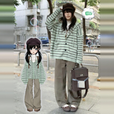 批发春季慵懒风绿色条纹连帽<b class='q'>毛衣</b>外套女春季2026新款针织开衫<b class='q'>宽松</b>上衣