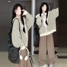 批发韩系连帽条纹毛衣外套女秋冬季2025新款早秋chic慵懒针织开衫上衣