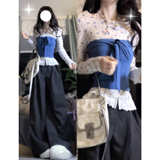 批发2026超火韩系穿搭一整套巨好看早春季蓝色<b class='q'>碎花</b>上衣女<b class='q'>裤</b>子两件套装