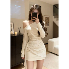 批发小个子香风白色斜肩连衣裙女2026新款<b class='q'>秋</b>冬季高级感收腰修身包臀裙