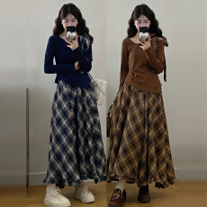 韩系巨好看穿搭一整套早春2026新款蓝色长袖连衣裙女格纹长裙套装