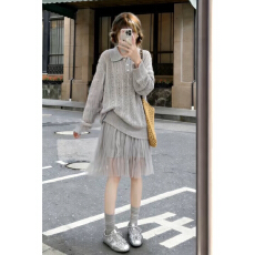 批发2026<b class='q'>新款</b>韩系一整套ootd穿搭灰色系裙子女春季针织衫半裙两件套装