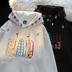 批发纯棉华棉  美式<b class='q'>潮牌</b>国风刺绣字母连帽<b class='q'>卫衣</b>女春秋冬宽松慵懒风外套